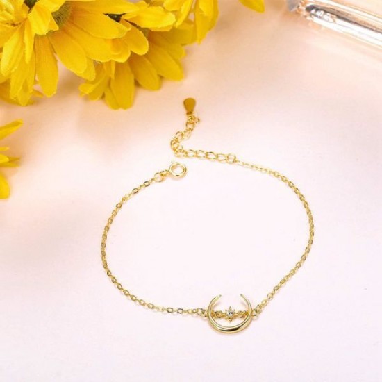 14K Gold Plated Moon Bracelet 925 Sterling Silver Crescent Moon Star Charm Bracelet Gift For Women